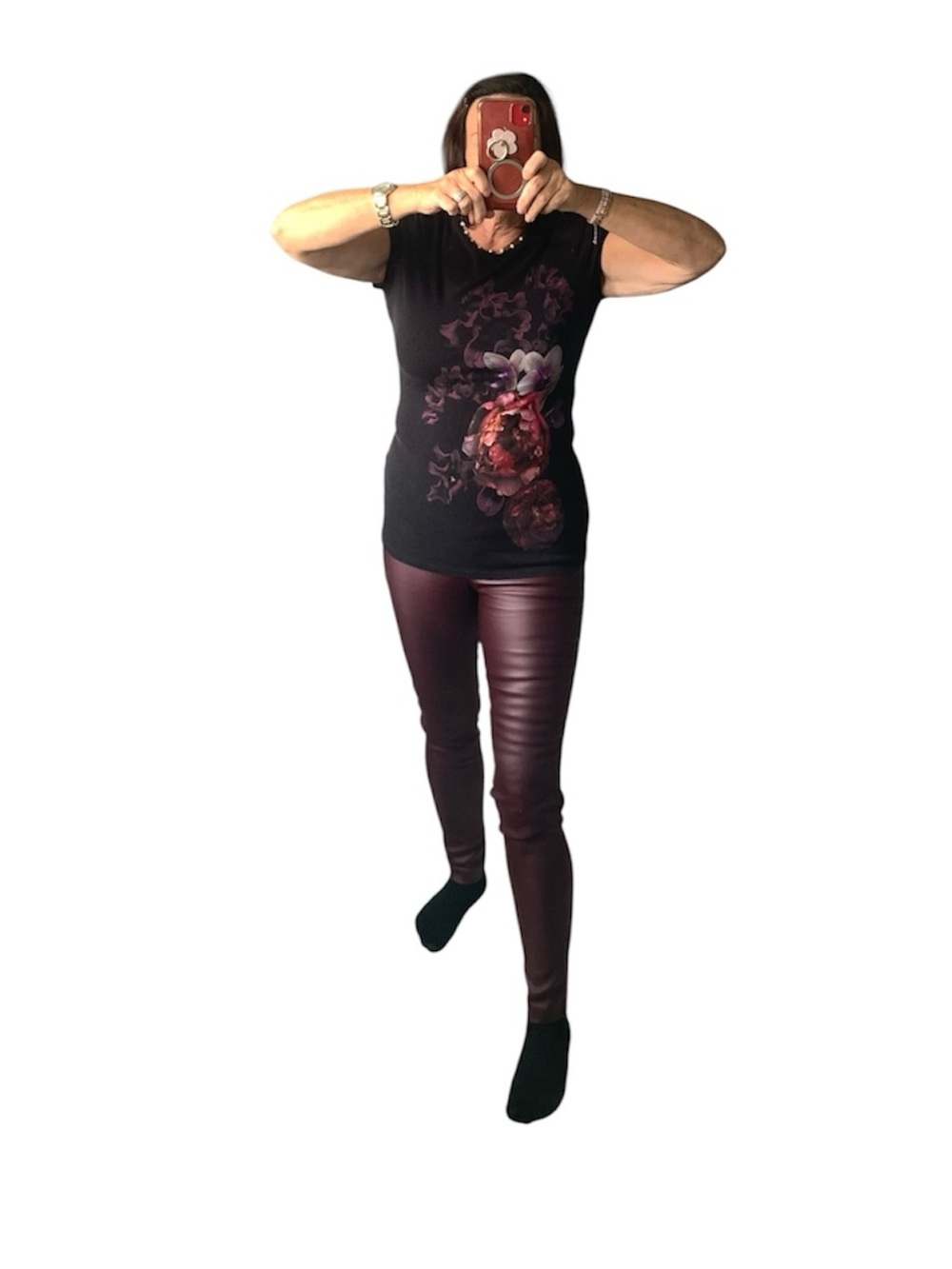 Faux Leather Burgundy Skinny Pants - Women with black floral T-shirt